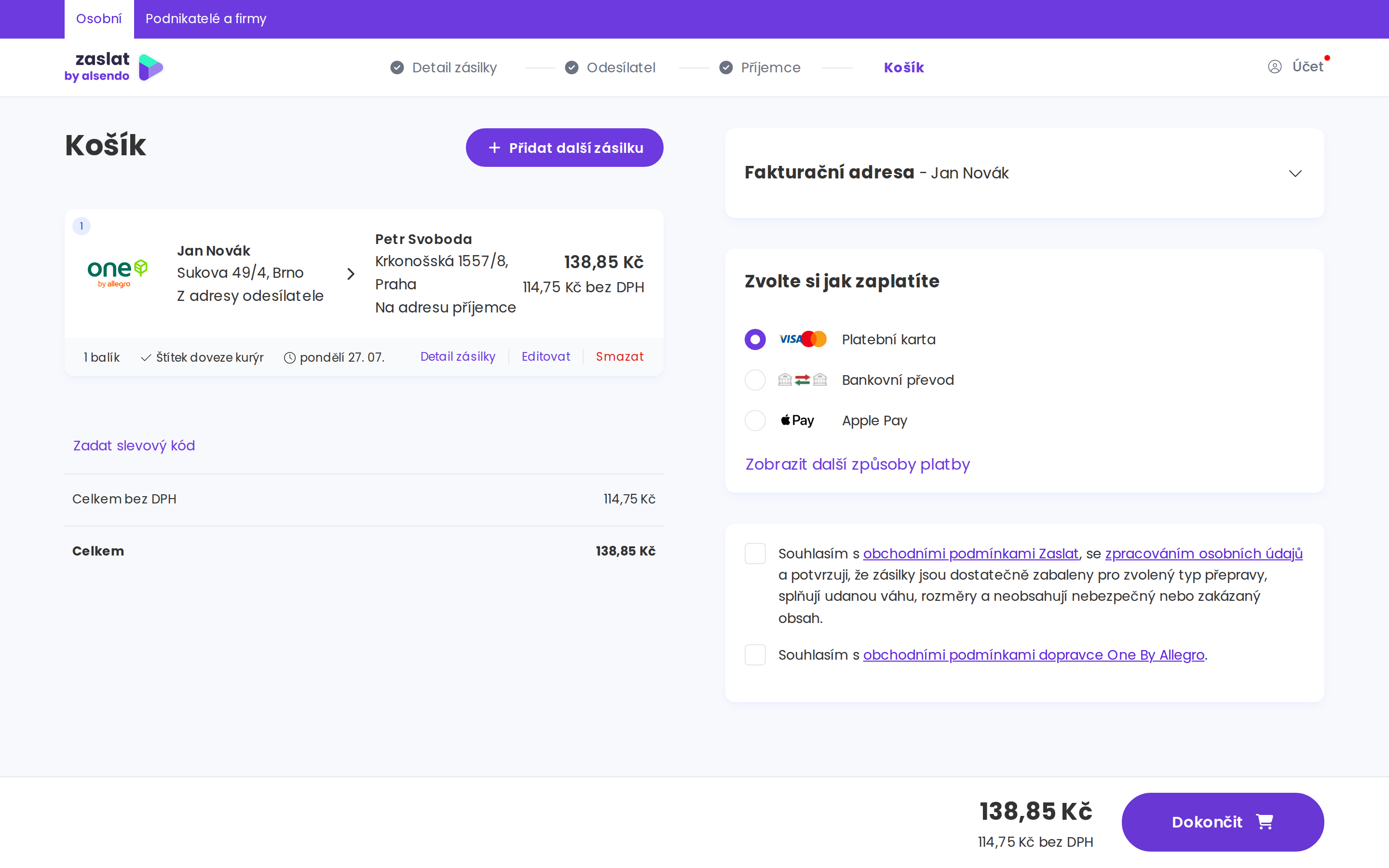 Košík s přehledem objednané zásilky, slevovým kódem a platebními metodami.