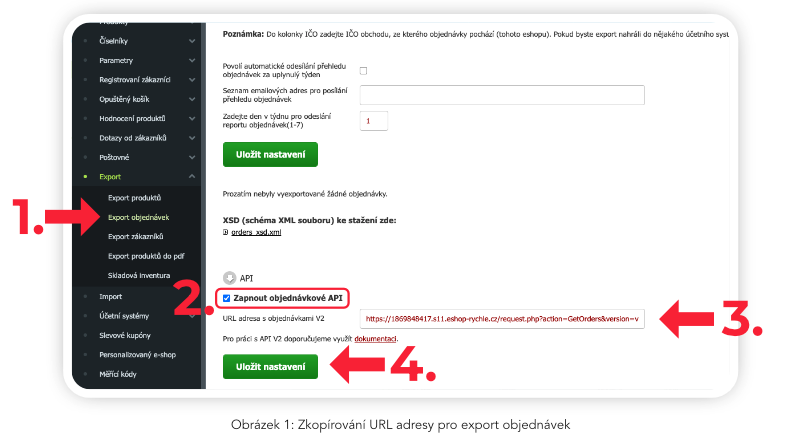 Obrázek 1: Zapnutí objednávkového API a export objednávek