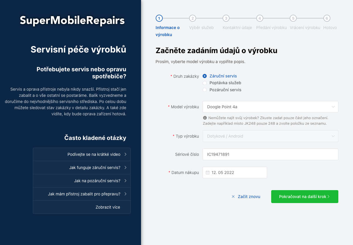 Zadání informací o výrobku.