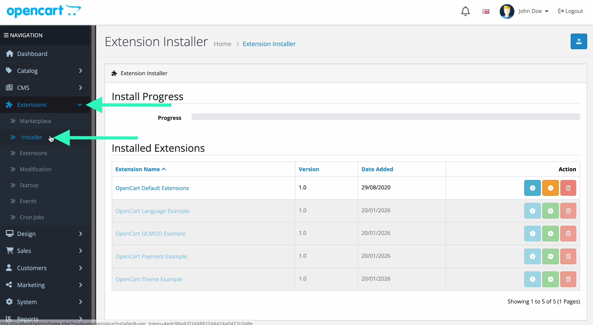 Obrázek 1: Sekce Extensions → Installer