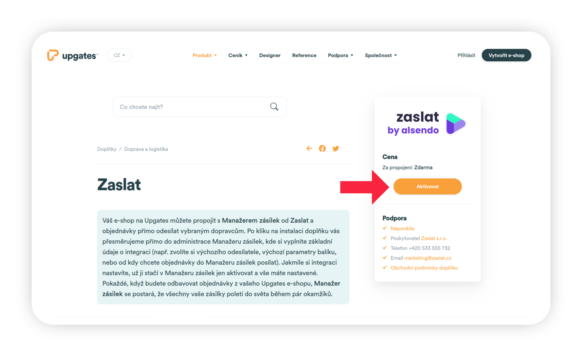 Obrázek 1: Karta pluginu Zaslat v Upgates
