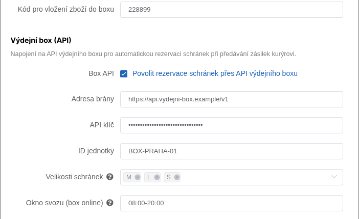 Nastavení výdejního boxu v detailu servisního střediska.