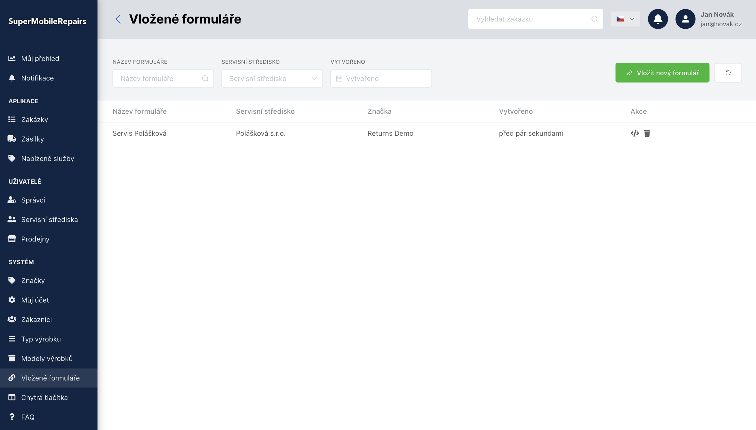 Přehled vložených formulářů