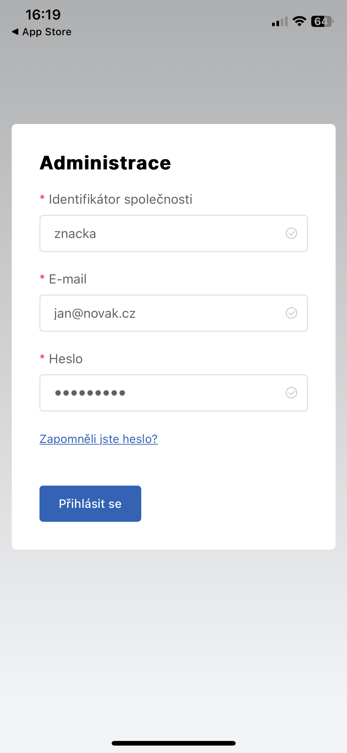 Úvodní – přihlašovací – obrazovka mobilní aplikace.