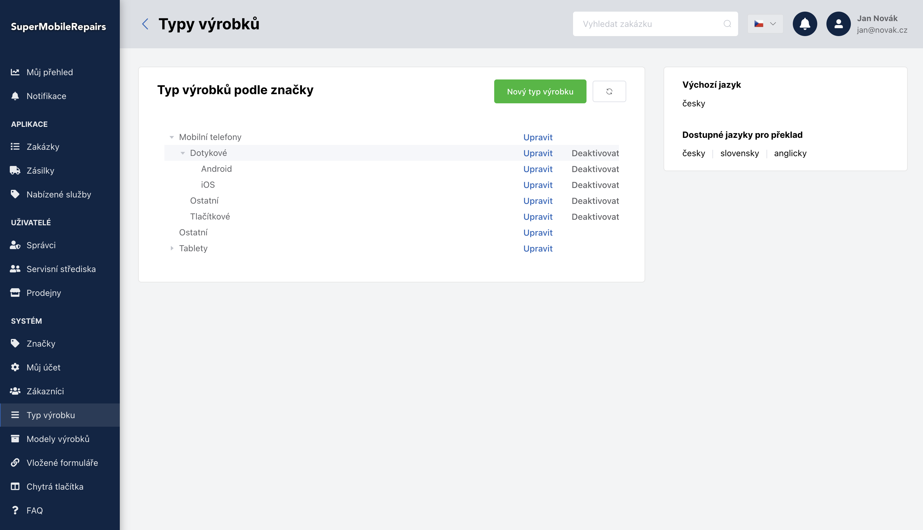 Strom typů výrobku.