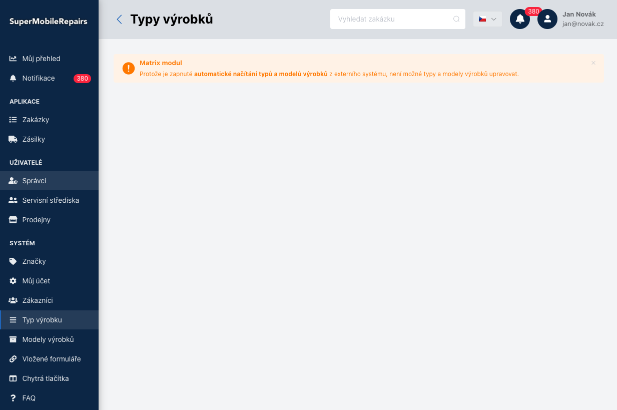 Společnost s aktivním modulem Matrix a obrazovka typů výrobků.