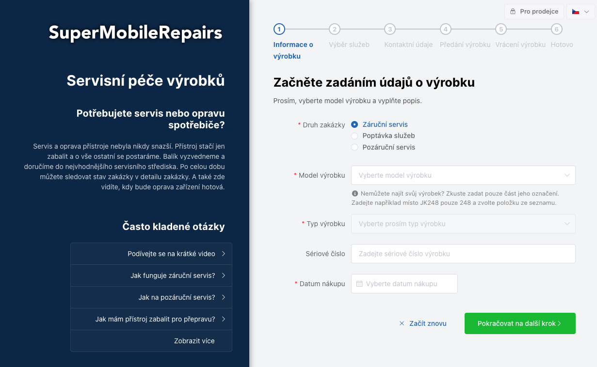 Úvodní stránka uživatelského formuláře s často kladenými otázkami v levé spodní části.