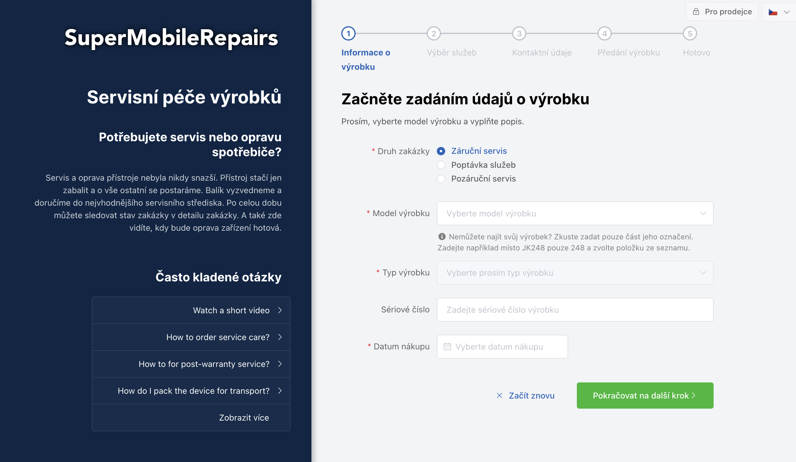 Formulář pro zakládání zakázek pro koncové zákazníky („uživatelský formulář")