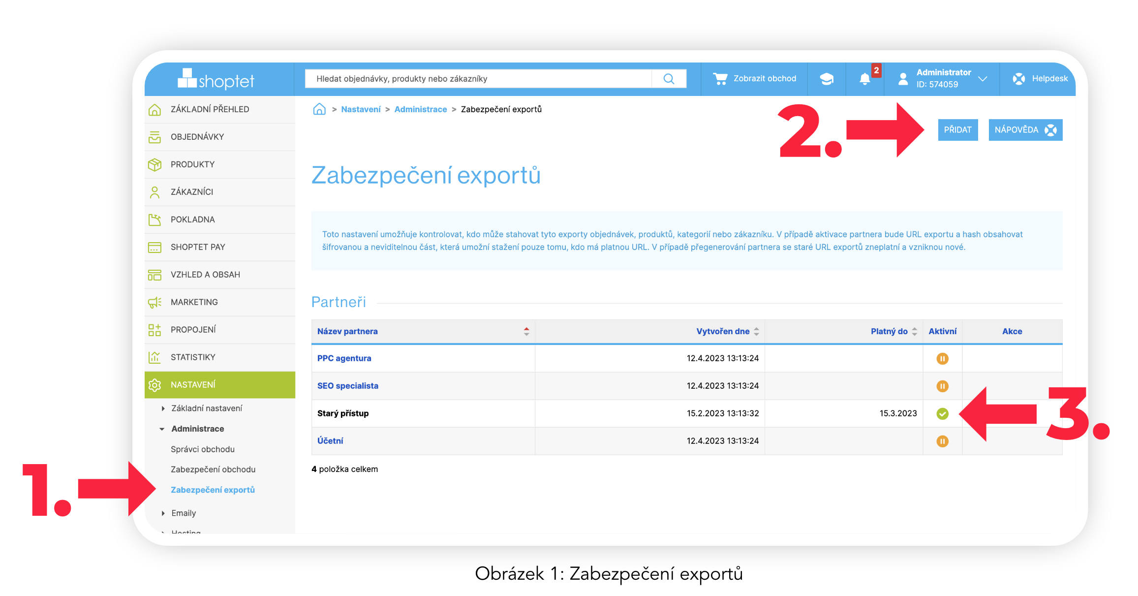 Obrázek 1: Zabezpečení exportů – vytvoření partnera Zaslat