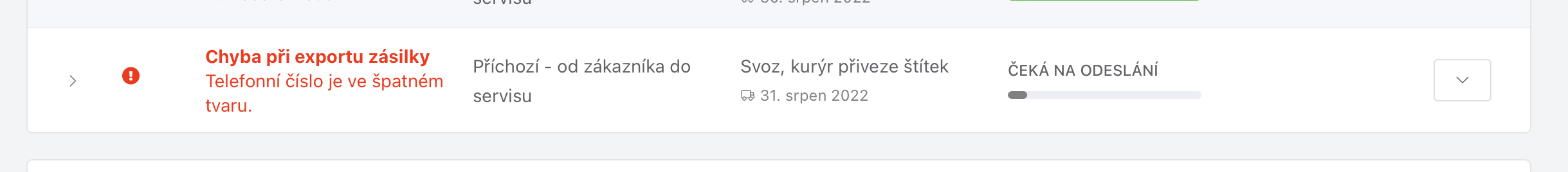 Informace o chybě ze systému dopravce.