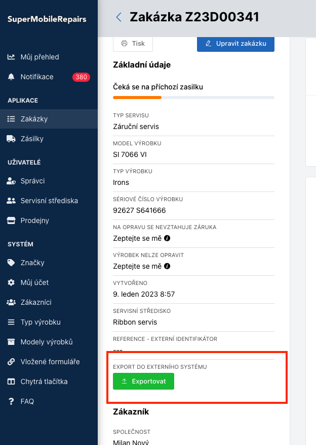 Levá nabídka detailu zakázky
