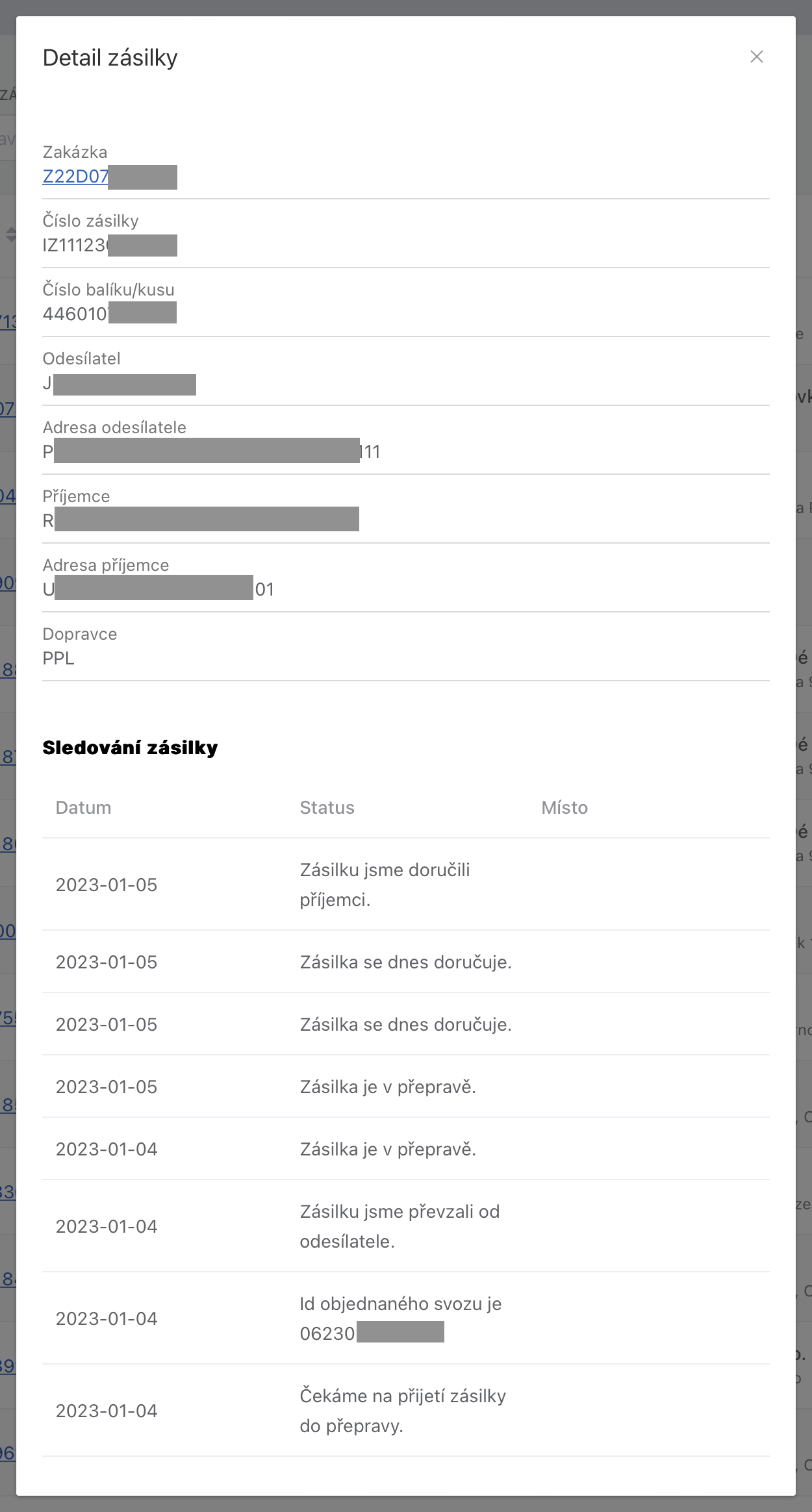 Detail reálné zásilky (anonymizováno).