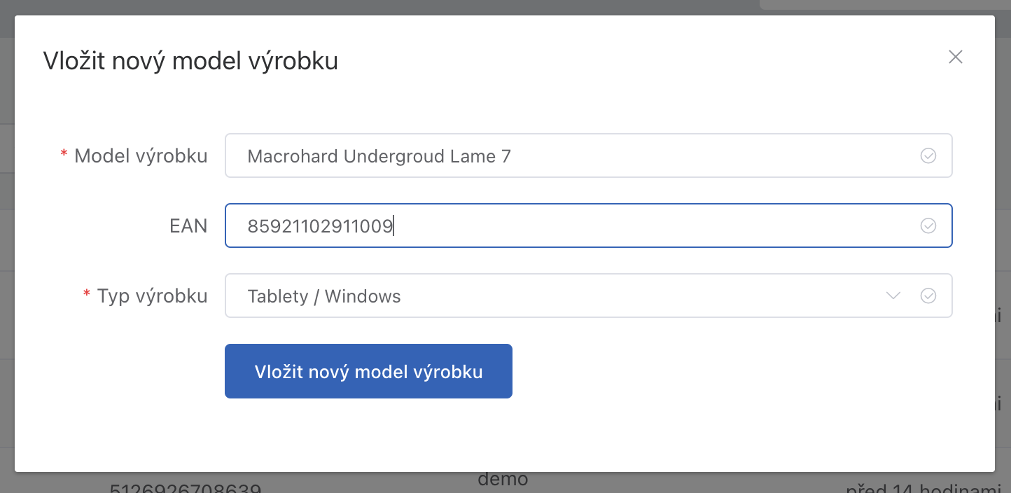 Dialog vložení nového modelu výrobku