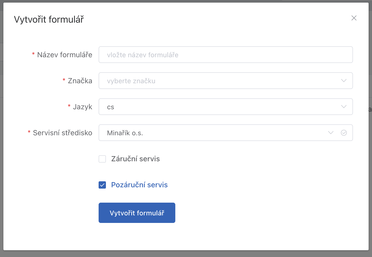 Dialog vytvoření vloženého formuláře