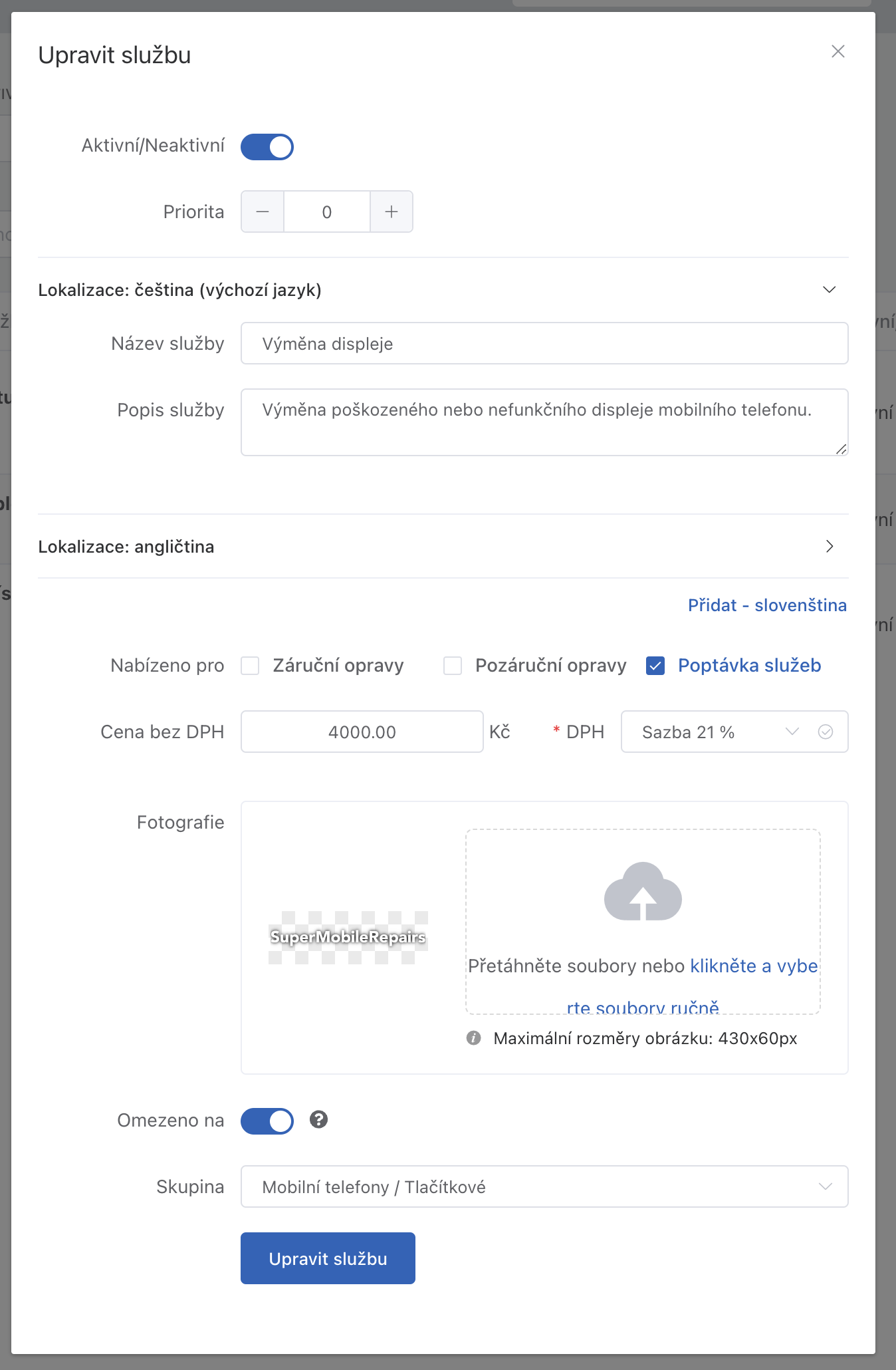 Editace služby. Obrazovka přidání nové služby vypadá obdobně.