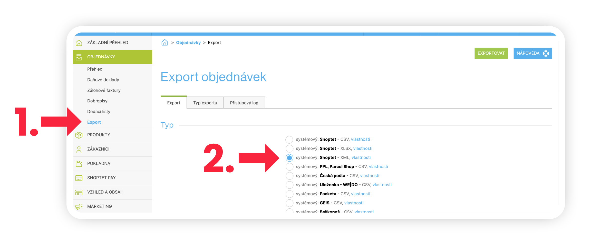 Obrázek 2: Export objednávek