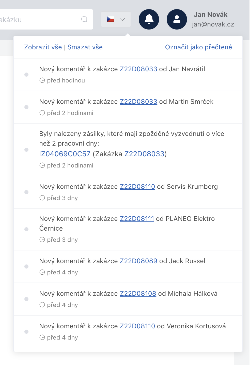 Přehled aktuálních notifikací uživatele