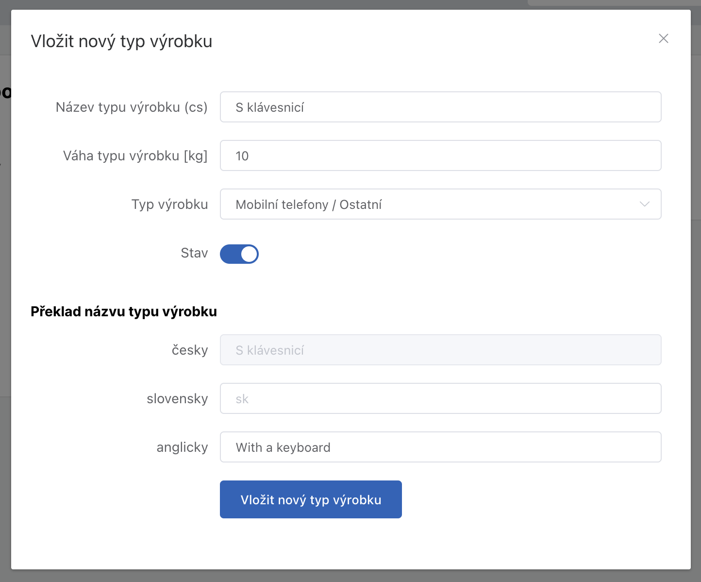 Dialog pro vložení nového typu výrobku