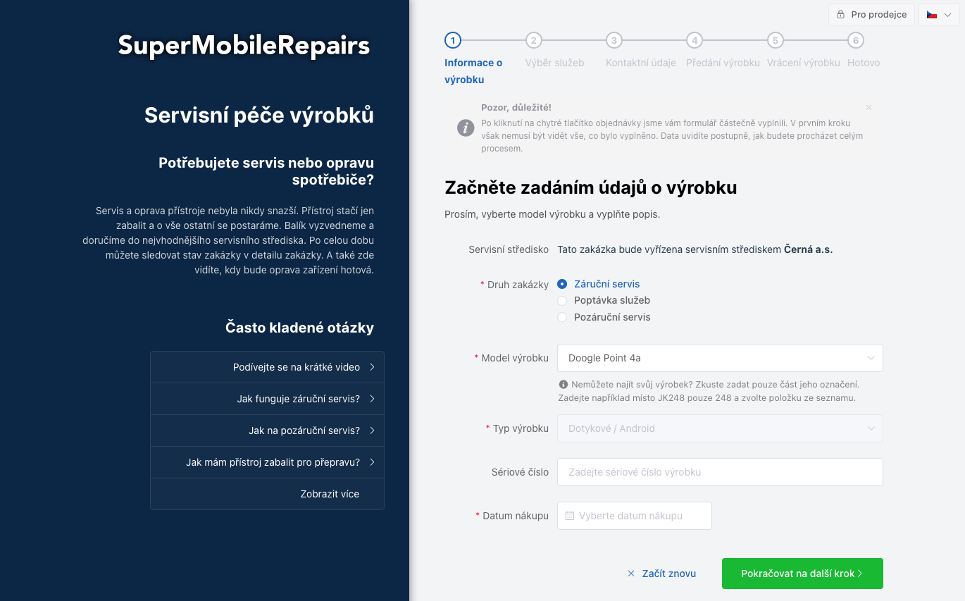 První stránka uživatelského formuláře s předvyplněnými hodnotami.