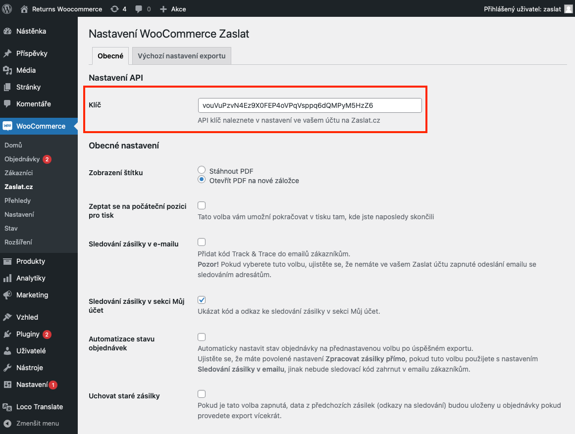 Nastavení API klíče