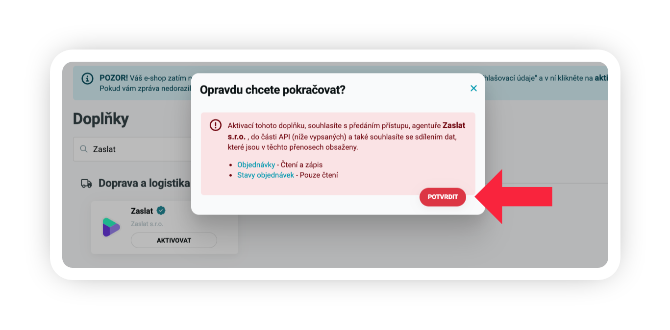 Obrázek 3: Potvrzení aktivace doplňku
