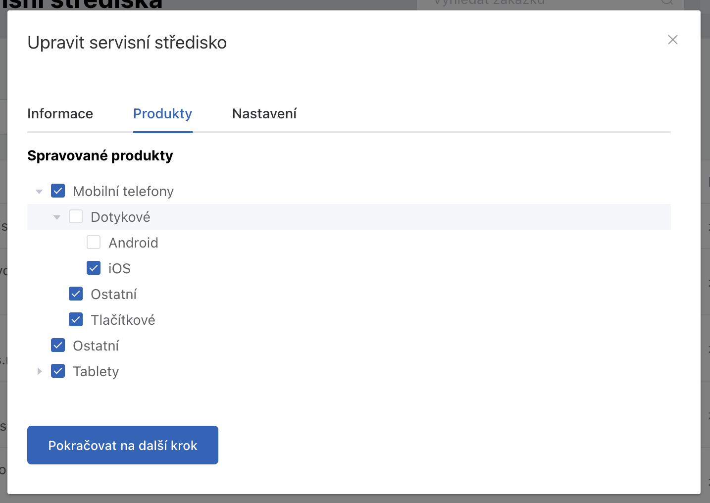 Výběr produktů servisovaných v servisním středisku.