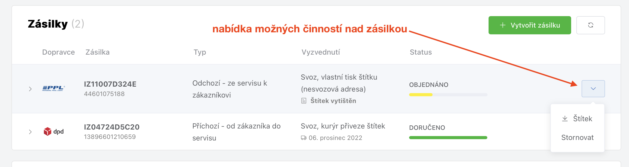 Detail zásilky se seznamem zásilek u zakázky