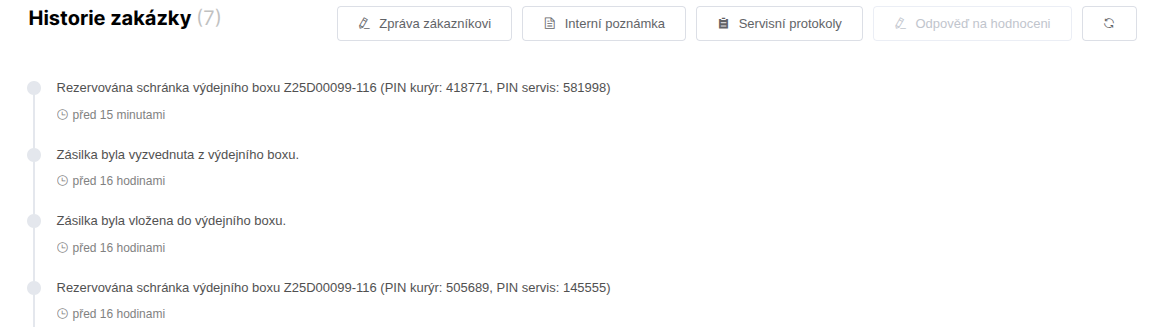 Záznamy o výdejním boxu v historii zakázky.