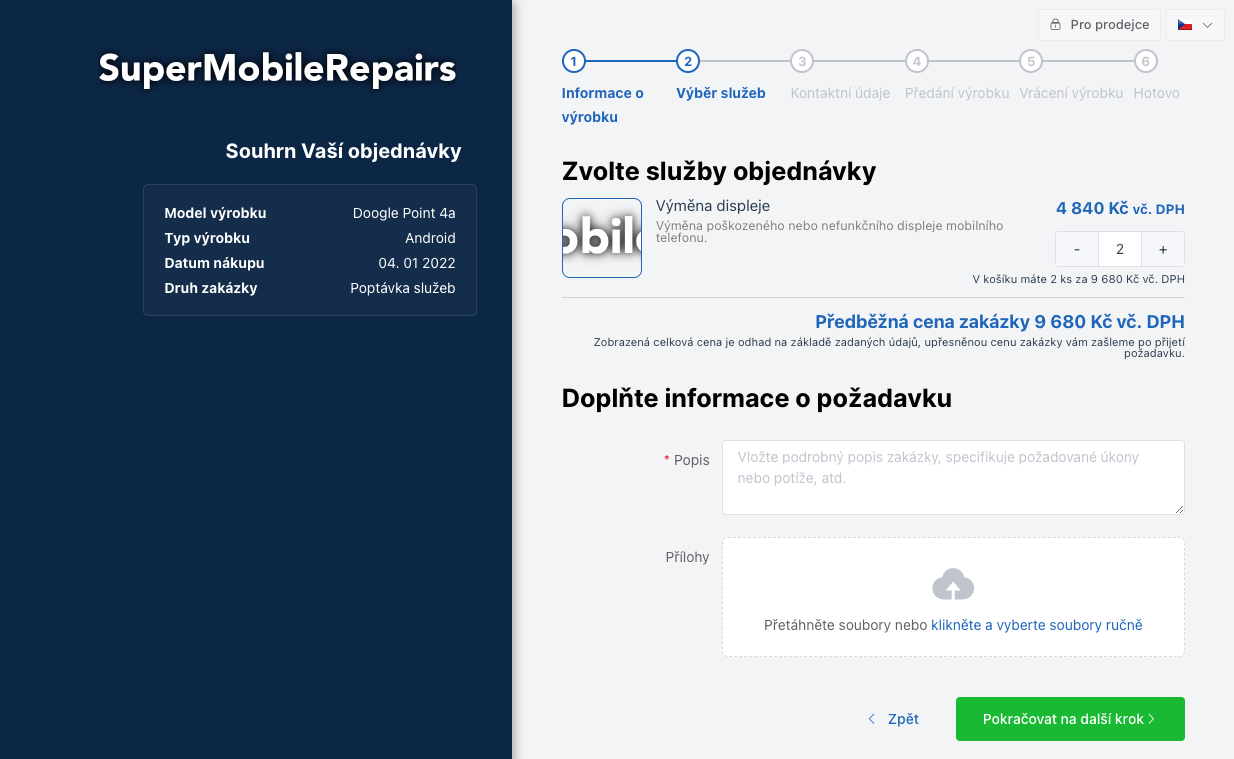 Druhý krok objednávky, zde již s předvybranou službou o definovaném počtu.