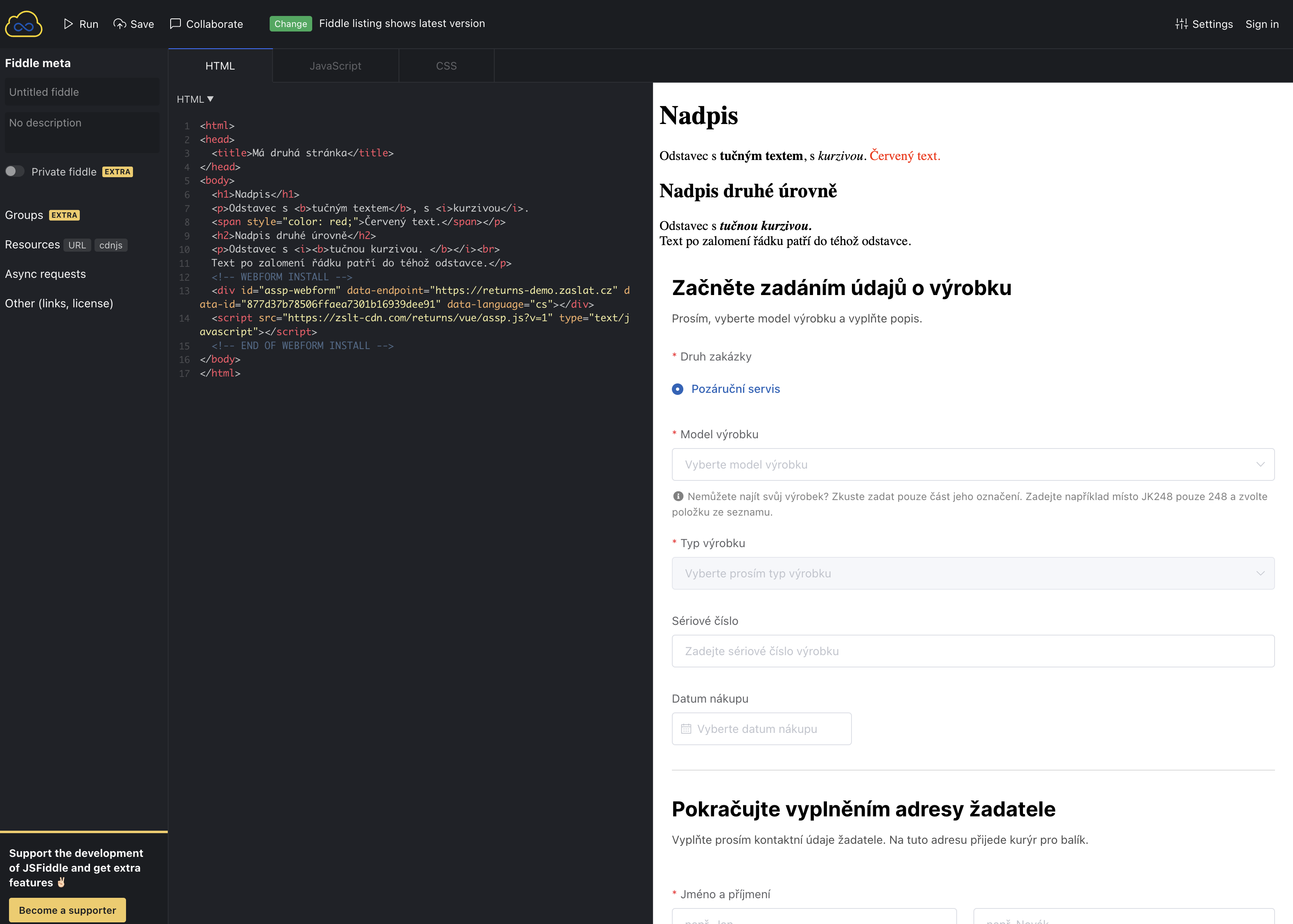 Příklad vložení do HTML stránky běžící v nástroji JSFiddle. Zdroj příkladového HTML souboru: jakpsatweb.cz