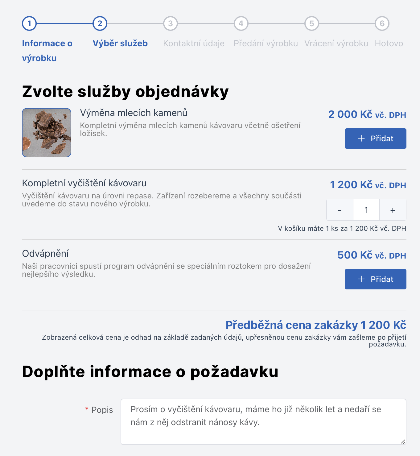 Zadání poptávky ve formuláři pro koncové zákazníky – výběr dostupných služeb.