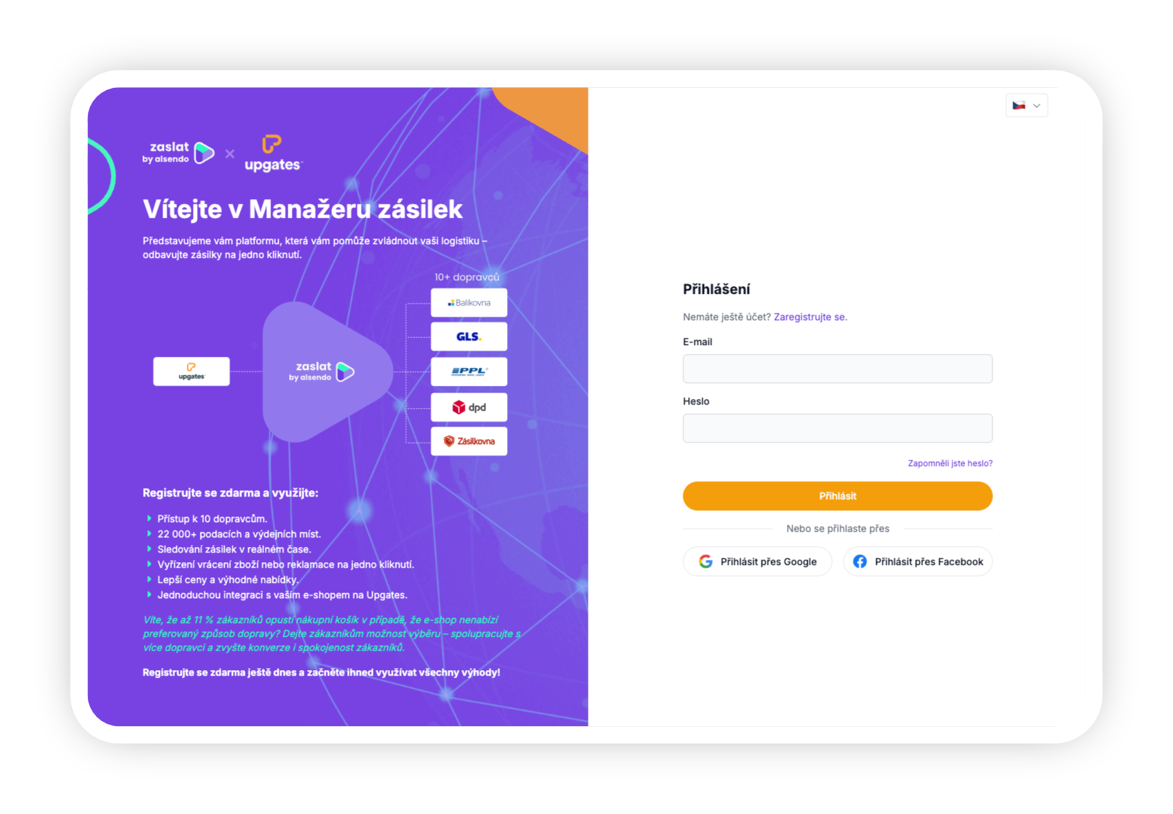 Obrázek 4: Přihlášení/registrace do Manažera zásilek od Zaslat