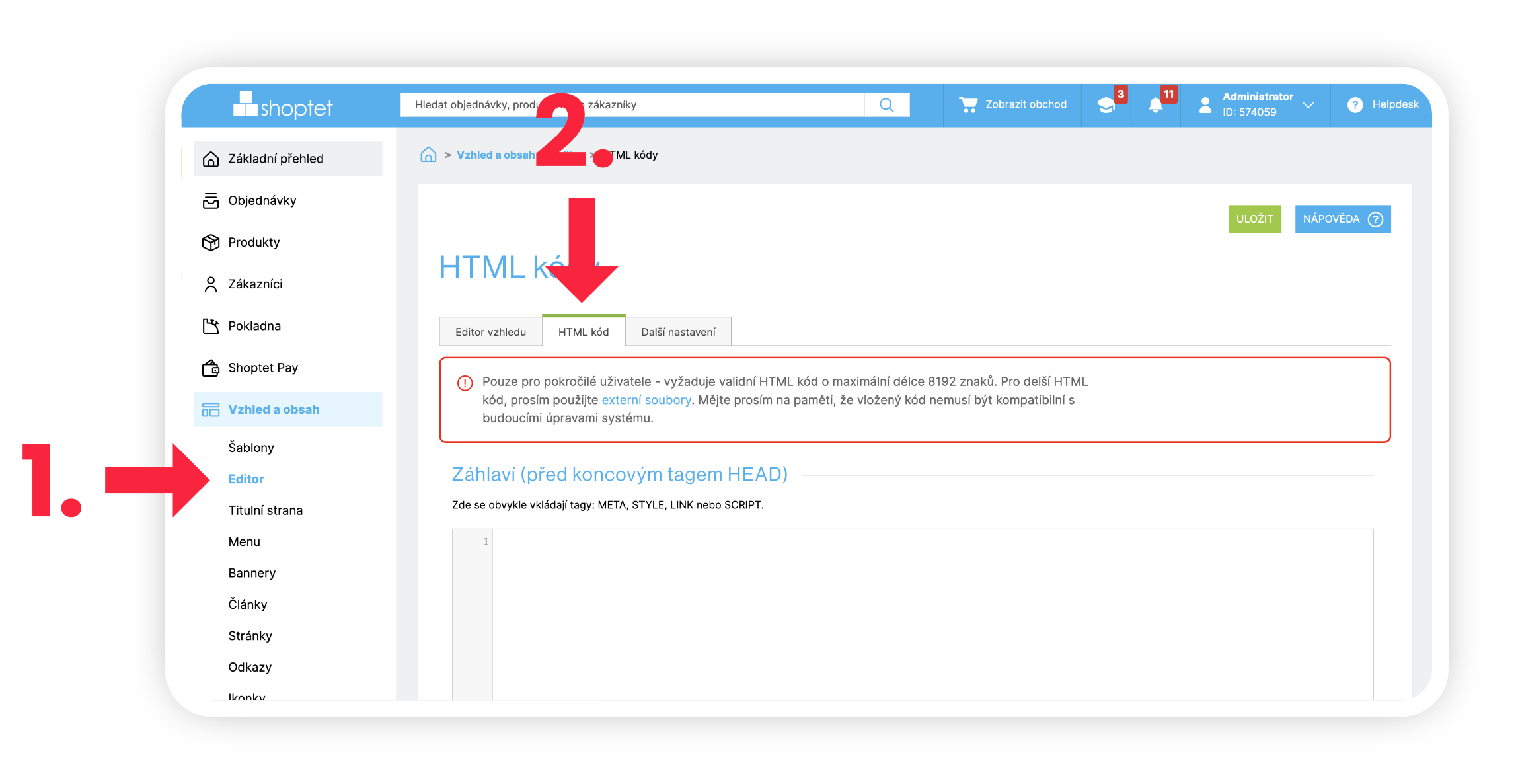 Obrázek 6: Vložení HTML kódu pro správné fungování integrace