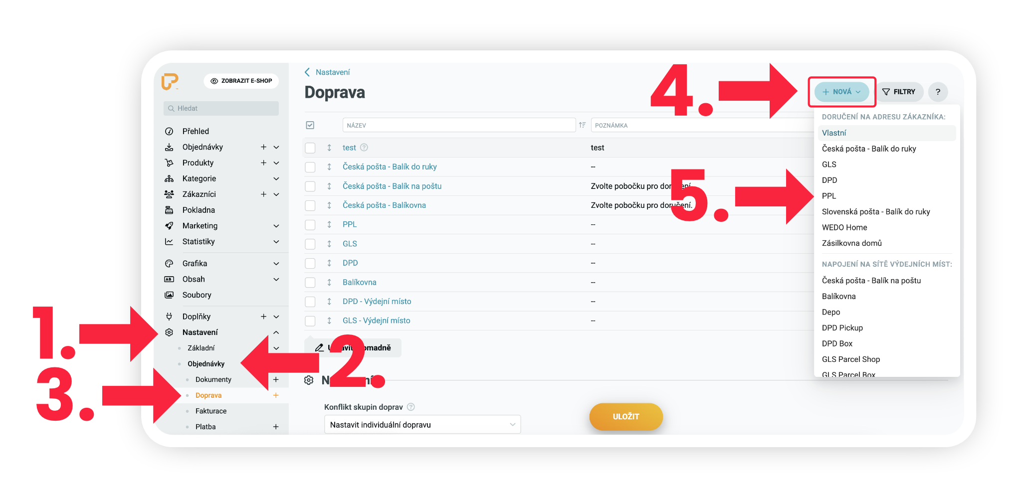 Obrázek 6: Přidání dopravců z nabídky Upgates