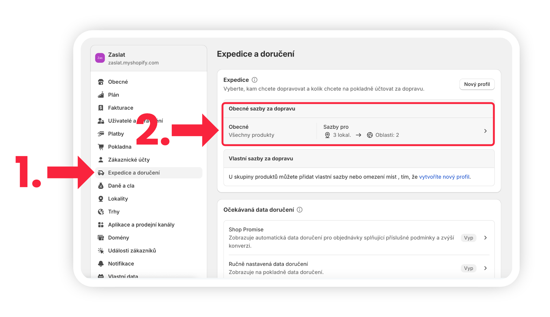 Obrázek 7: Přidání dopravců v administraci Shopify
