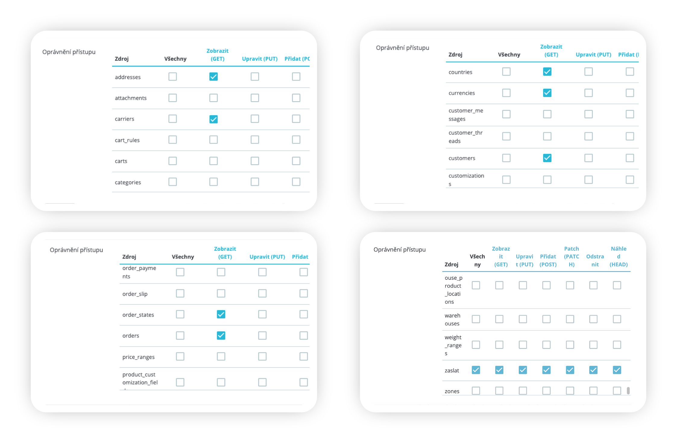 Obrázek 7: Povolení přístupů (addresses, countries, currencies, customers, order_states, orders, carriers a Zaslat)