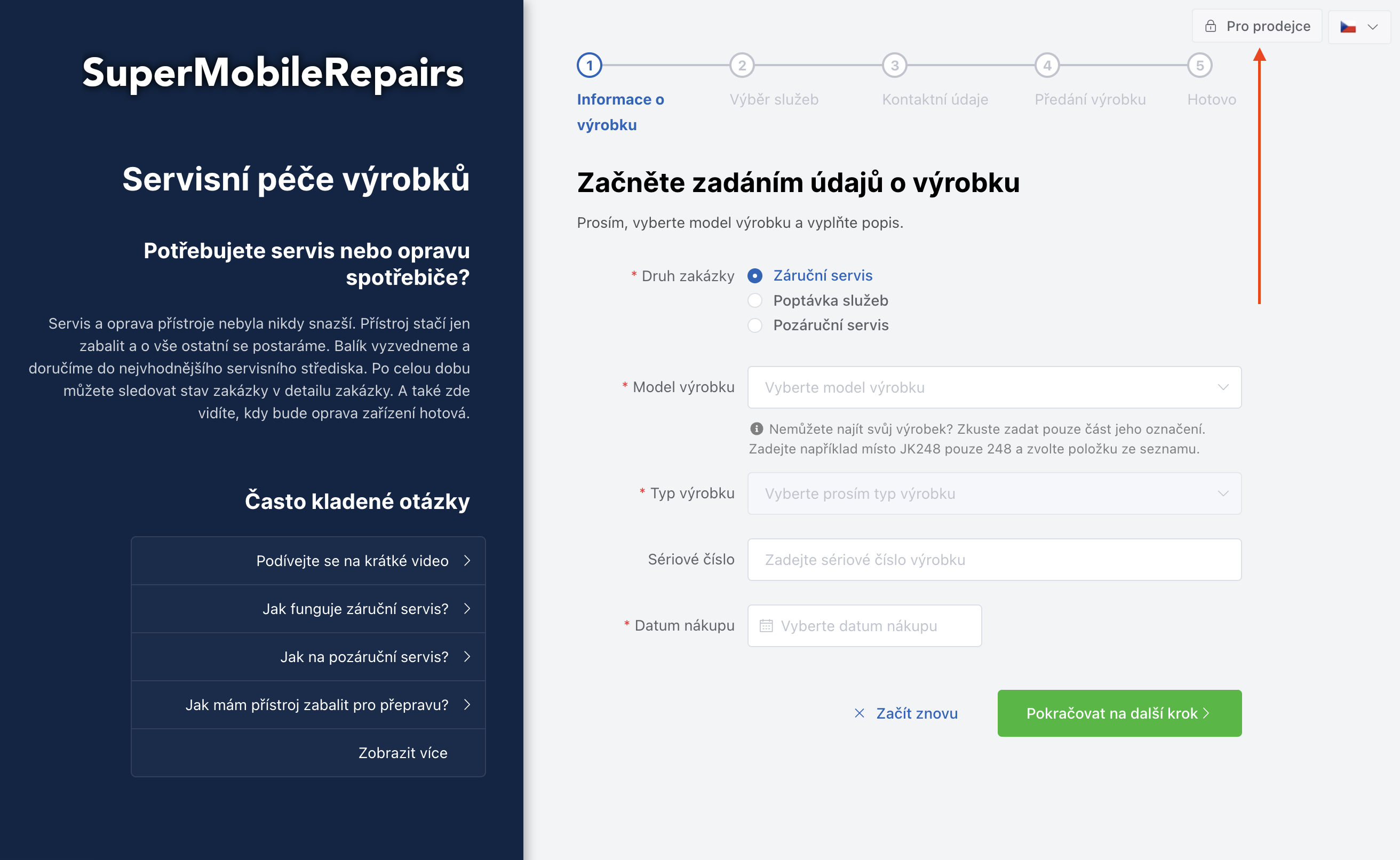 Uživatelský formulář s vyznačeným odkazem pro přihlášení prodejny