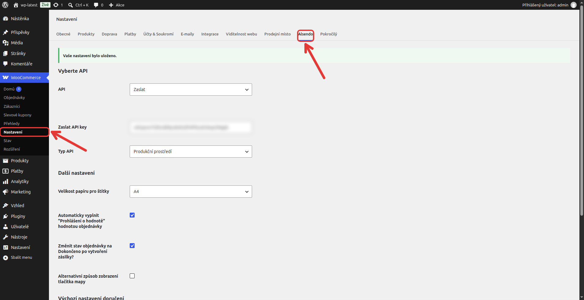 Obrázek 10: Záložka Alsendo v nastavení WooCommerce