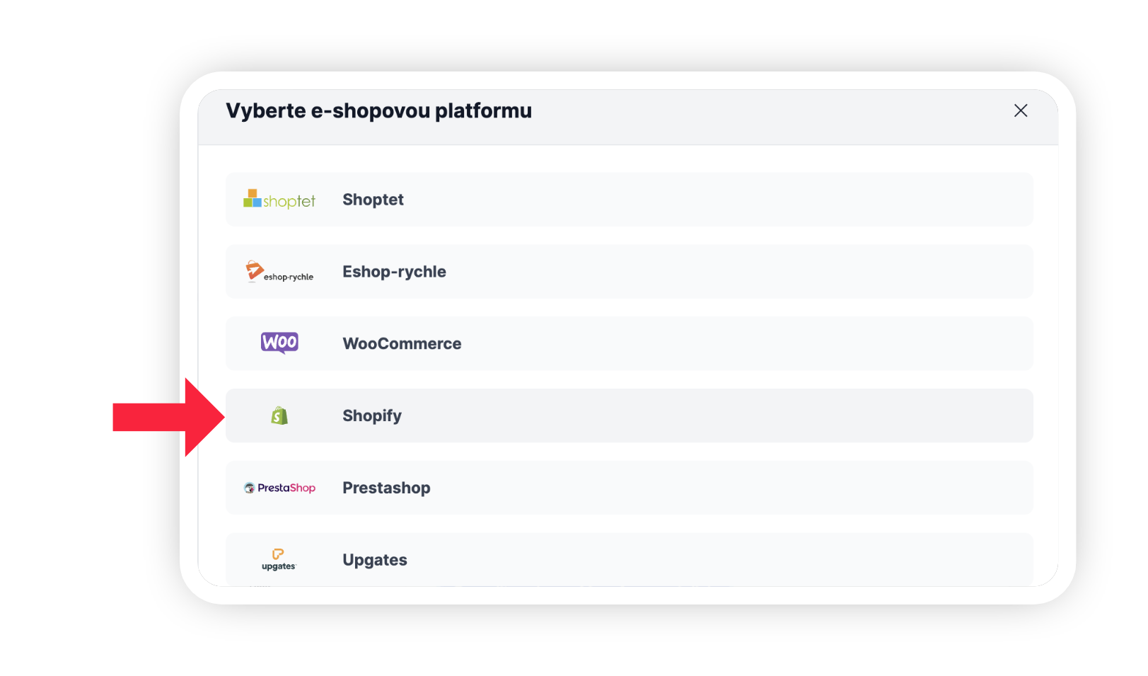 Obrázek 11: Výběr integrace Shopify