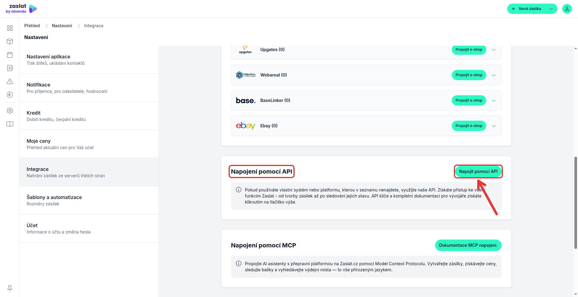 Obrázek 12: Napojení pomocí API