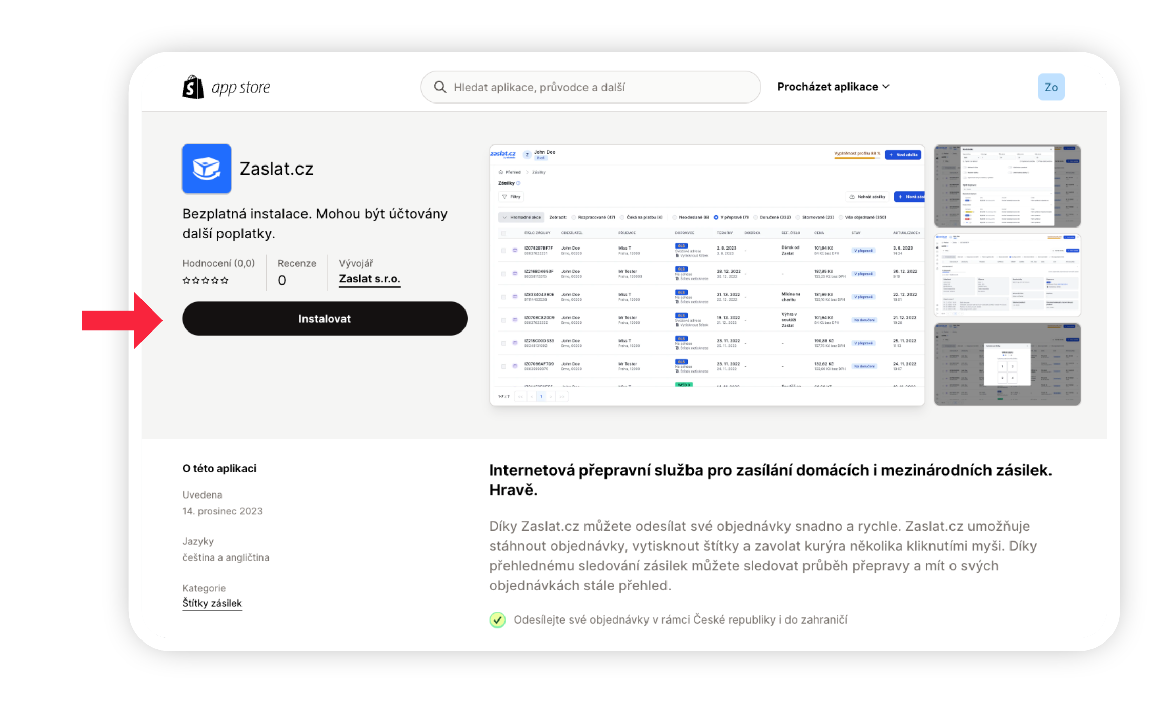 Obrázek 13: Stažení aplikace Zaslat z obchodu Shopify