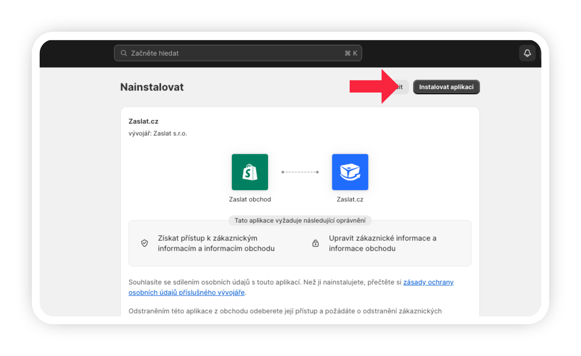 Obrázek 14: Instalace aplikace Zaslat ve vašem Shopify