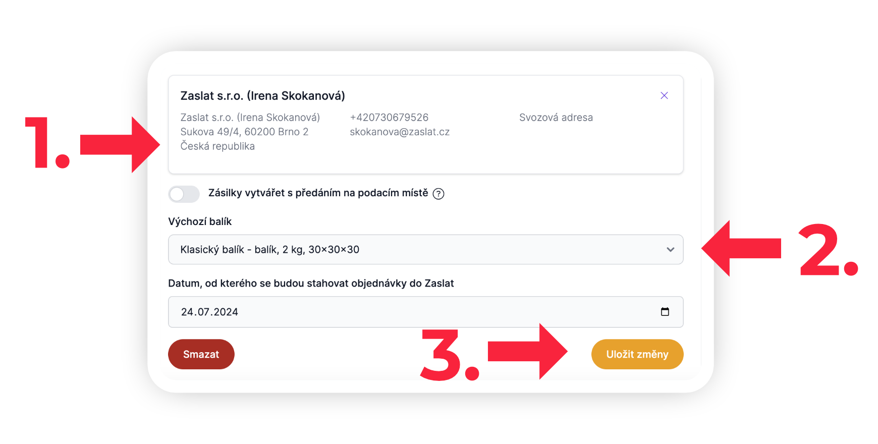 Obrázek 16: Nastavení výchozího odesílatele a zásilky