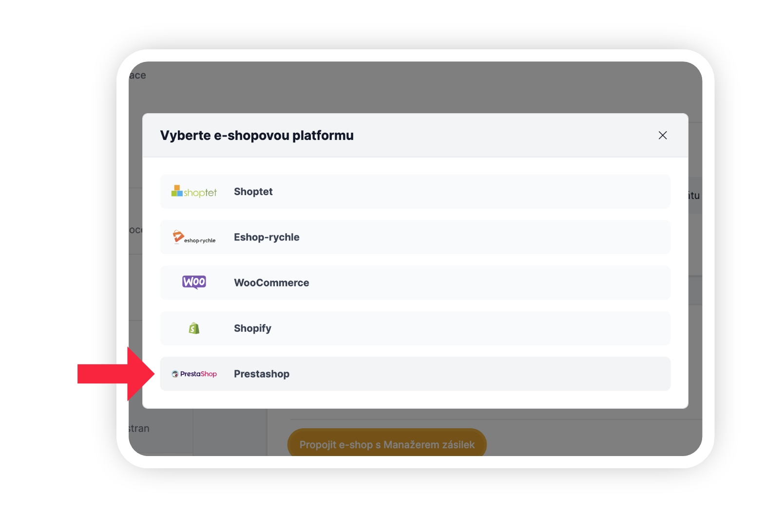 Obrázek 17: Volba PrestaShopu v nabídce e-shopů