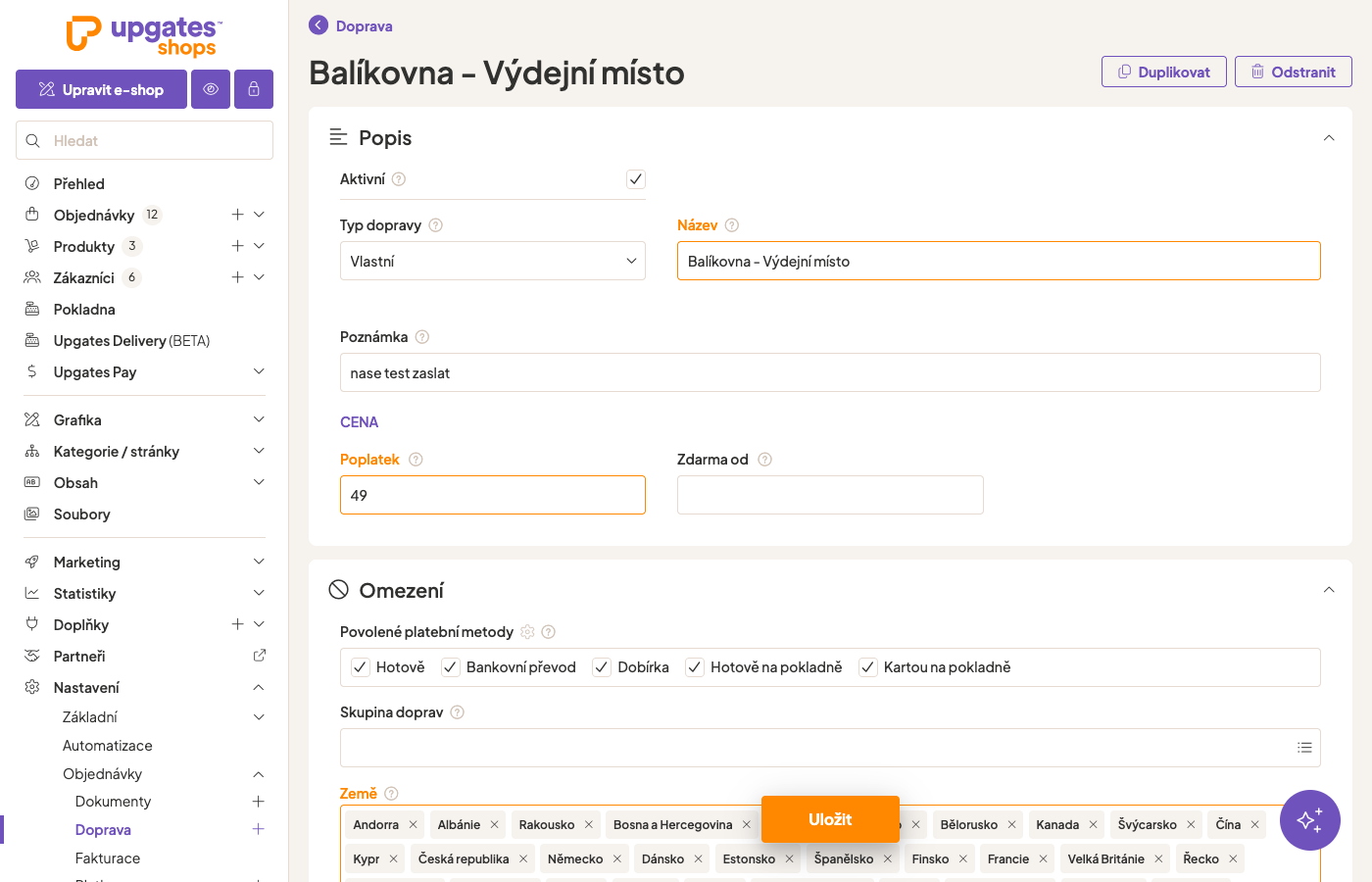 Obrázek 12: Doprava typu Vlastní s názvem podle tabulky