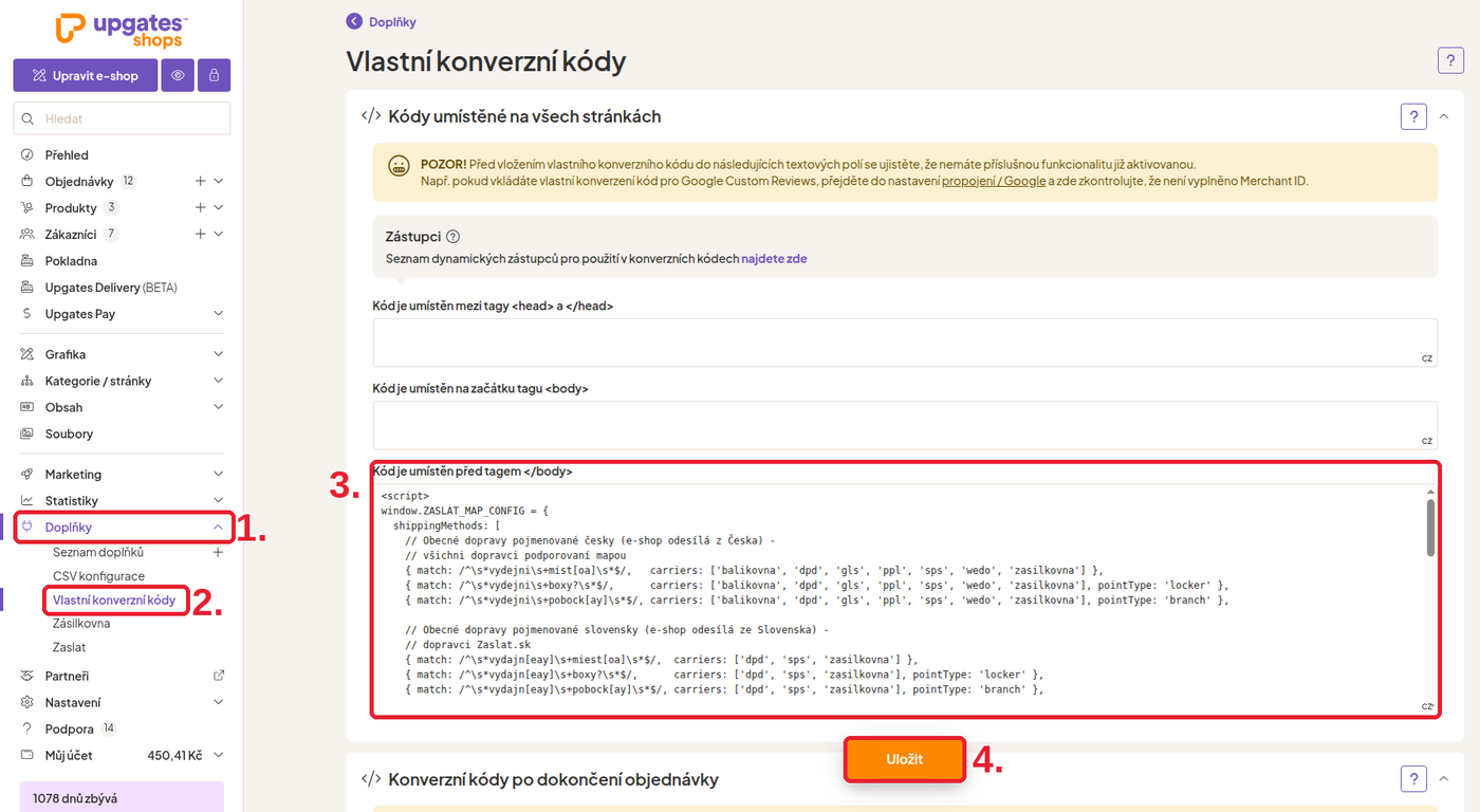 Obrázek 13: Kód vložený do Vlastních konverzních kódů