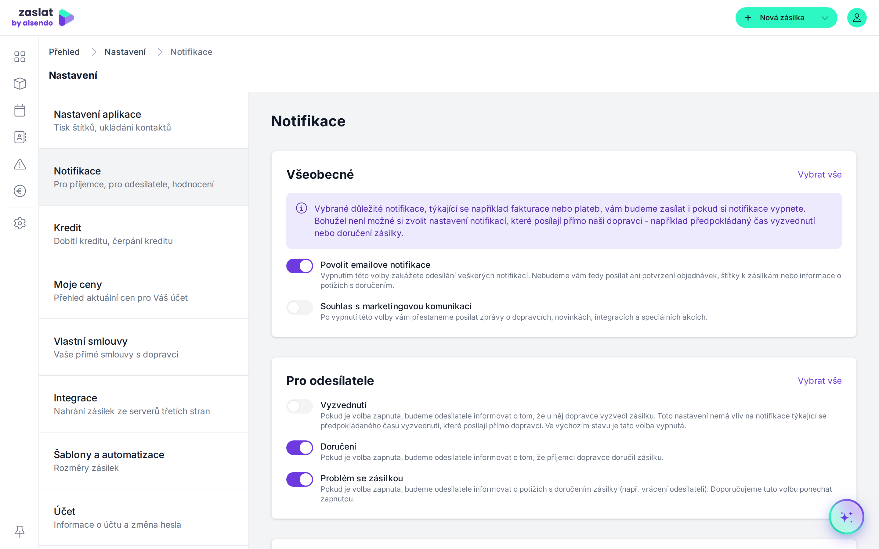 Sekce Notifikace se správou e-mailových upozornění pro odesílatele i příjemce.