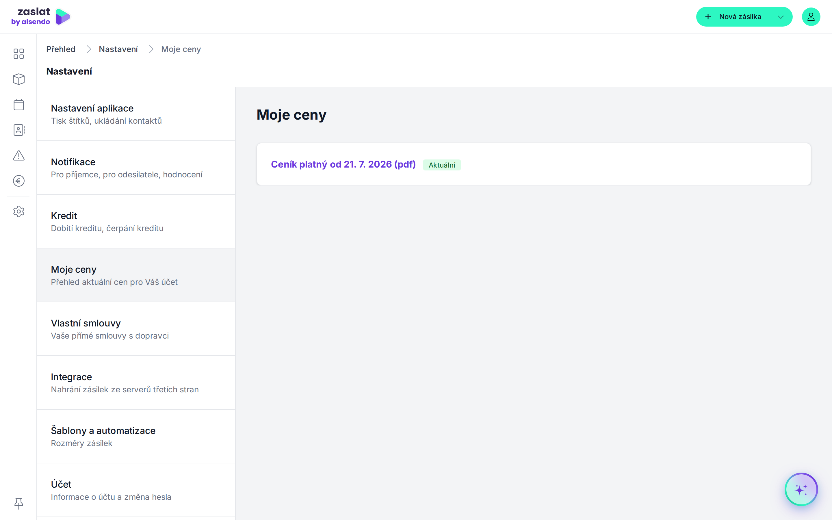 Sekce Moje ceny s přehledem cen platných pro účet a archivem starších ceníků.