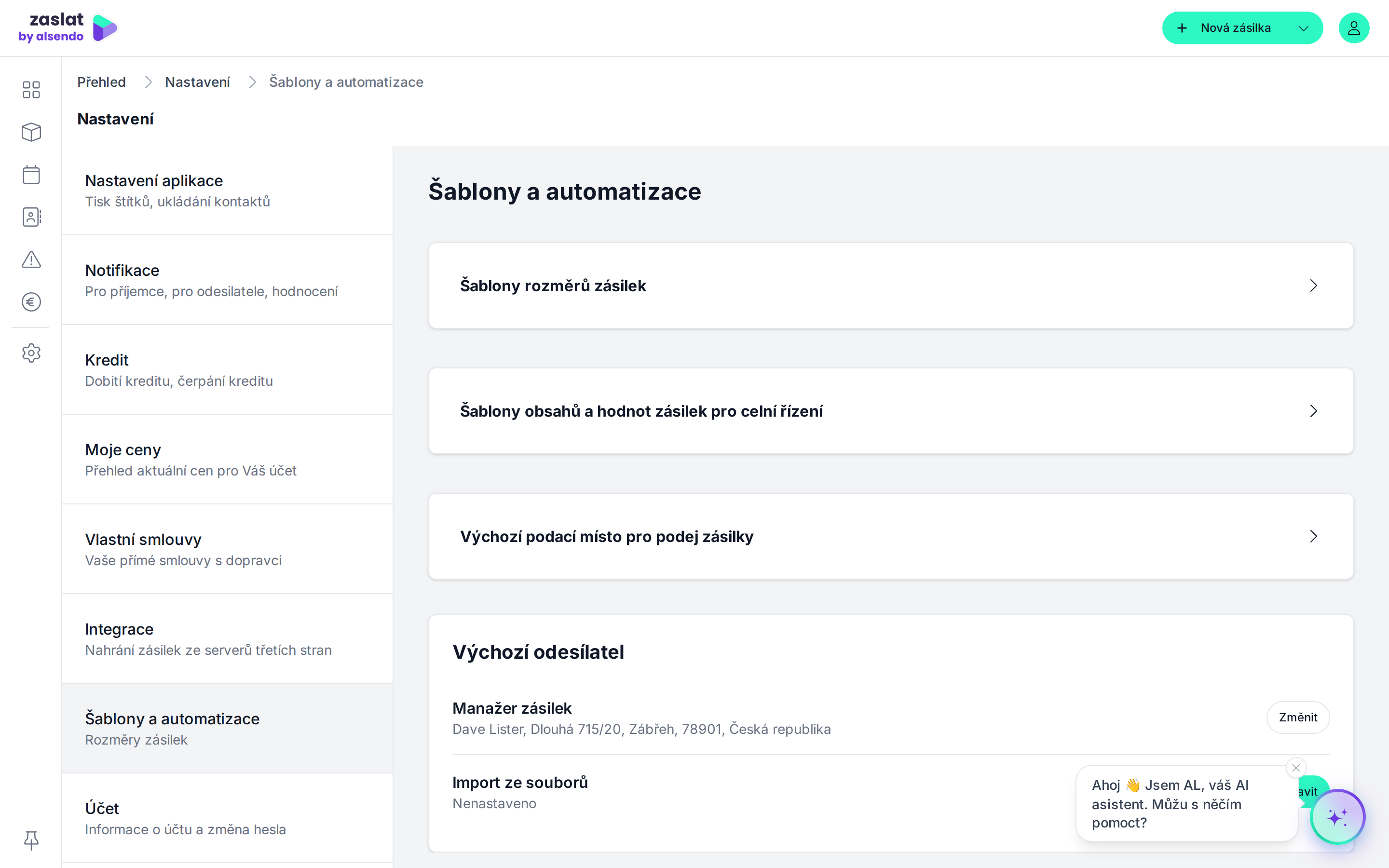 Sekce Šablony a automatizace s předdefinovanými hodnotami pro rychlejší tvorbu zásilek.
