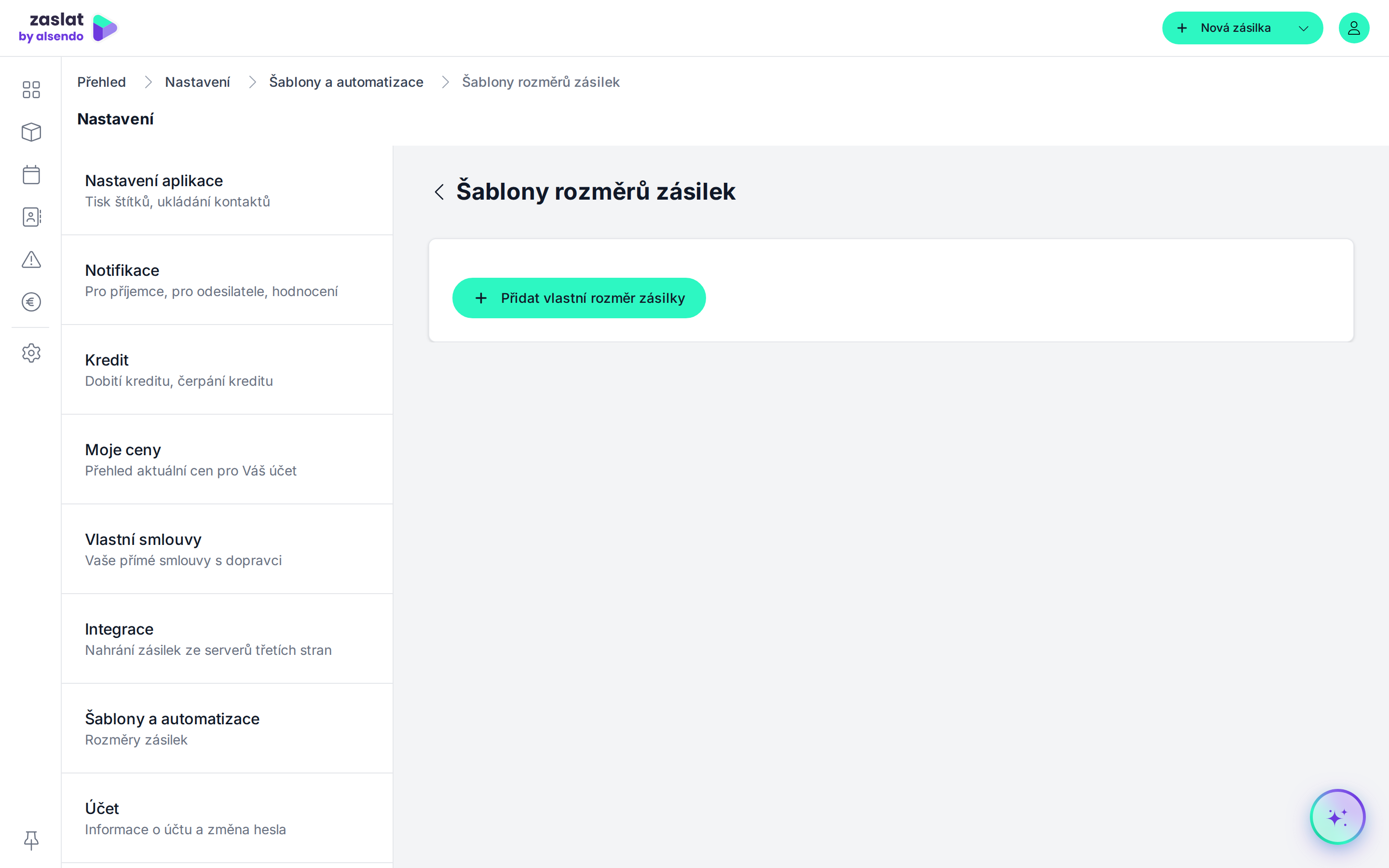 Šablony rozměrů zásilek — uložené rozměry a váhy balíků.